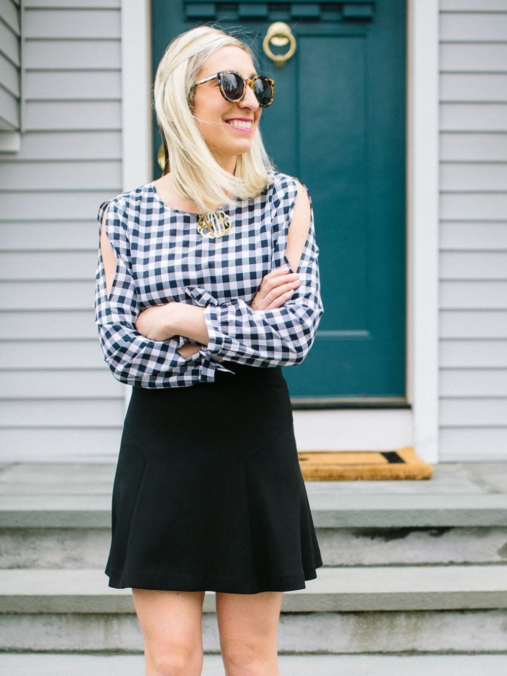 J. Crew Navy and White Gingham Lightweight Cold Shoulder Top - Picture 2 of 9